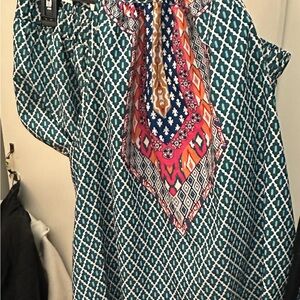 SHEIN Teal and Red 2 Piece Shorts and Geometric Blouse NEWOT - 1XL